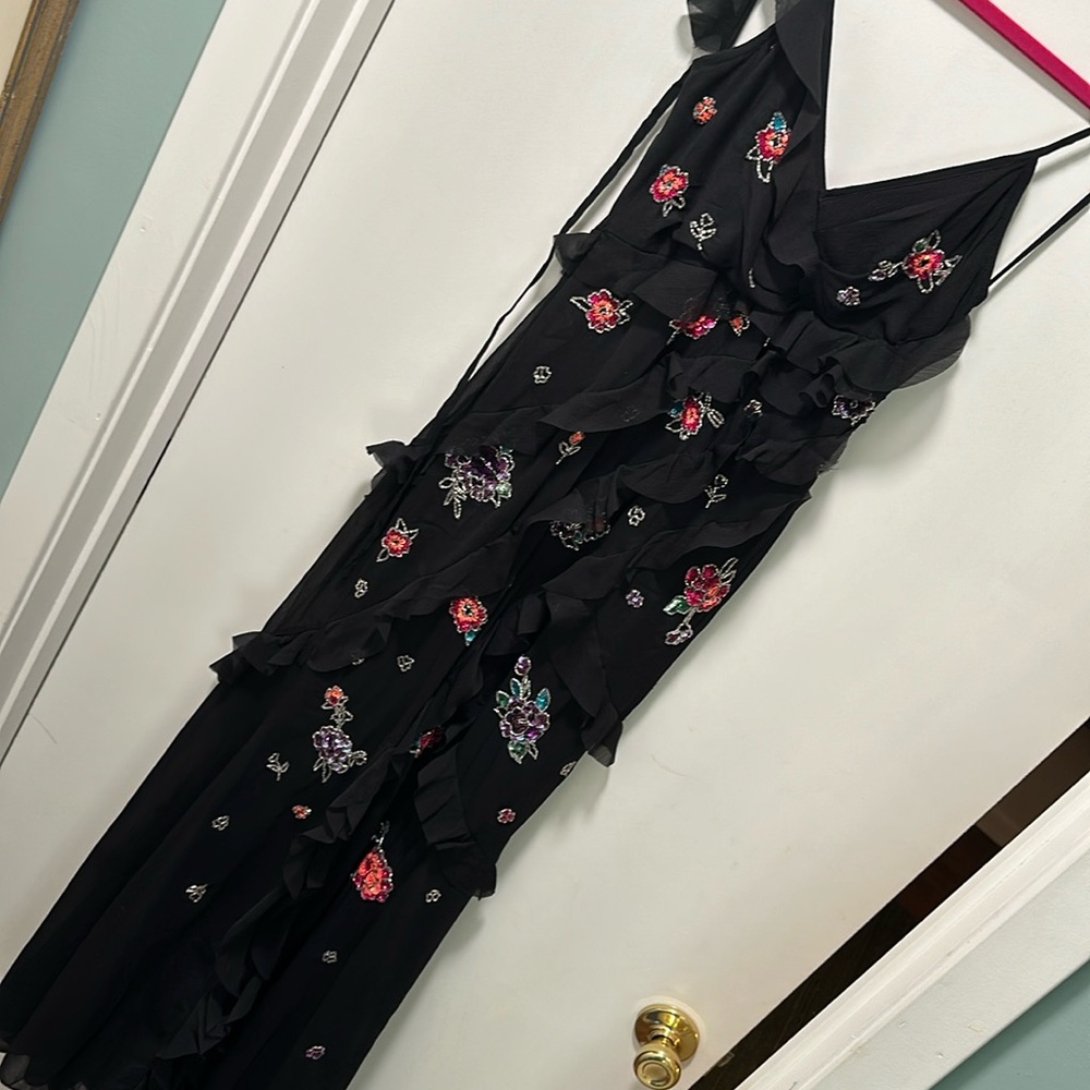 NWT ASOS 0 xs black chiffon beaded strappy evening gown maxi dress floral rose